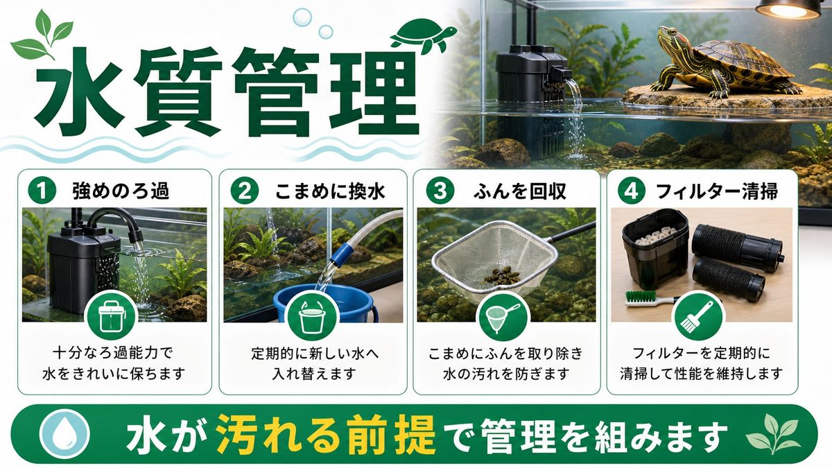 水質管理：大型個体の汚れを制すには強力ろ過の要点をまとめたカメレオン・爬虫類飼育インフォグラフィック