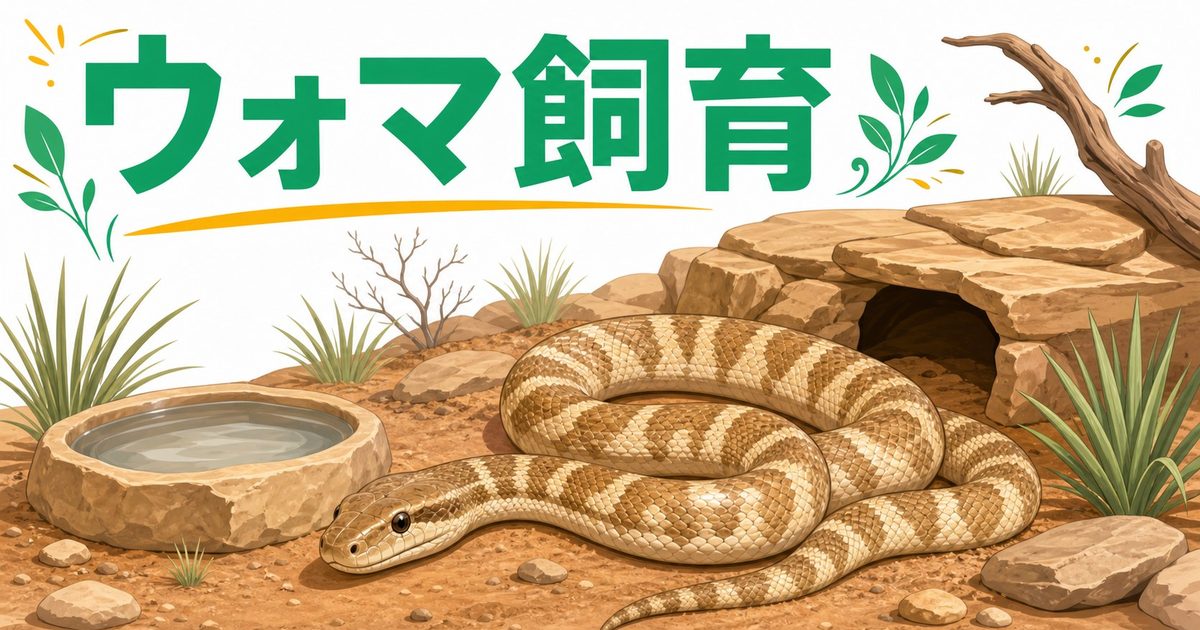 【ウォマパイソン】オーストラリア砂漠産ヘビの特徴・飼育方法・温度管理を徹底解説！の要点を伝えるカメレオン・爬虫類記事アイキャッチ画像