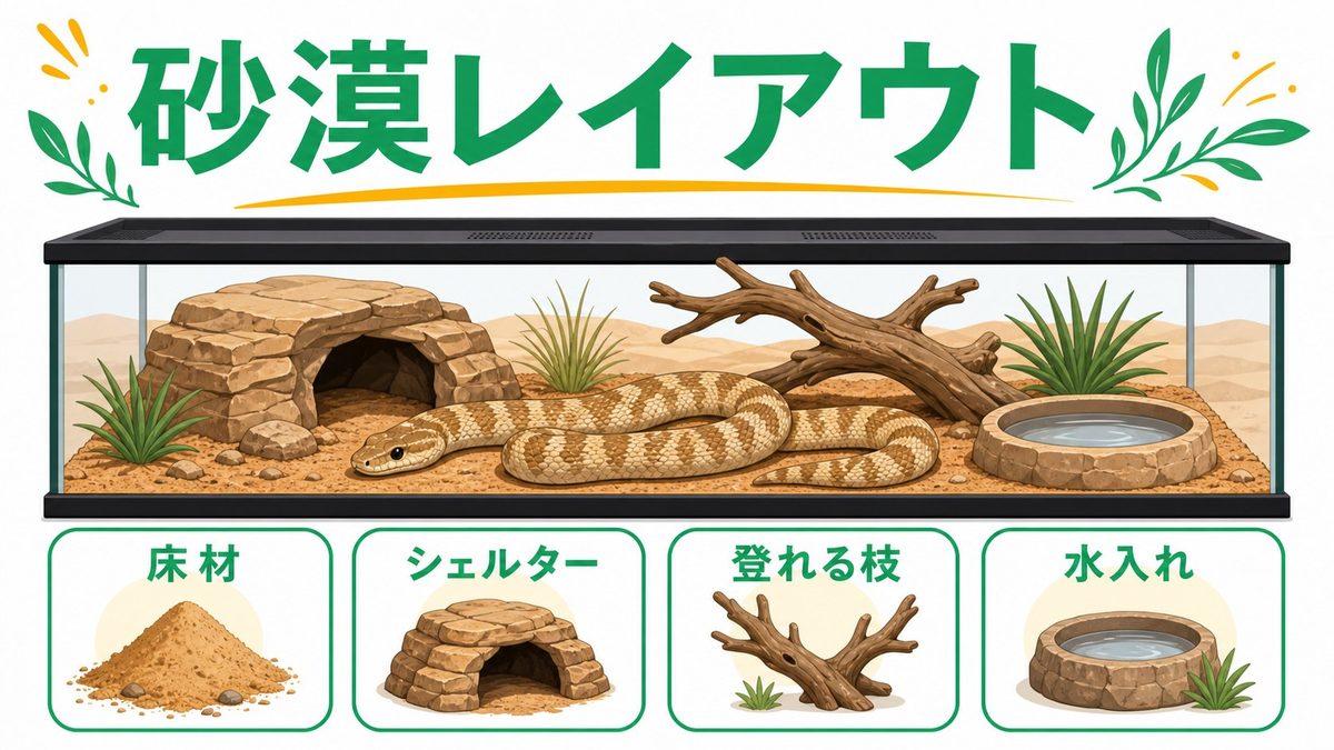 飼育ケージの選び方と砂漠環境レイアウトの要点をまとめたカメレオン・爬虫類飼育インフォグラフィック