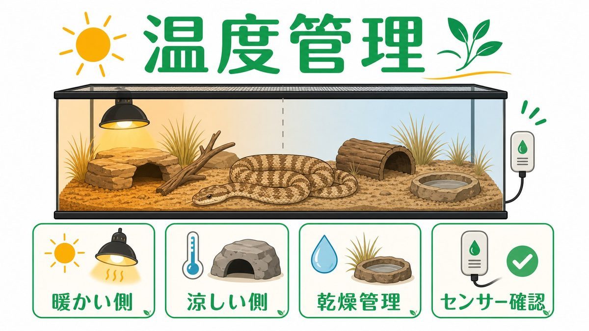 温度管理・乾燥環境の作り方の要点をまとめたカメレオン・爬虫類飼育インフォグラフィック