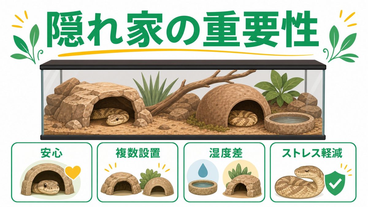 シェルター・隠れ家の重要性の要点をまとめたカメレオン・爬虫類飼育インフォグラフィック