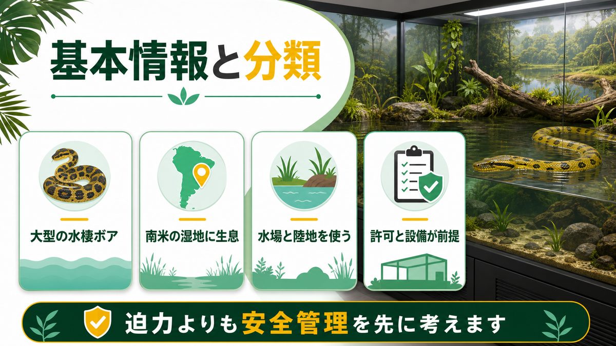 キイロアナコンダってどんなヘビ?基本情報と分類の要点をまとめたカメレオン・爬虫類飼育インフォグラフィック