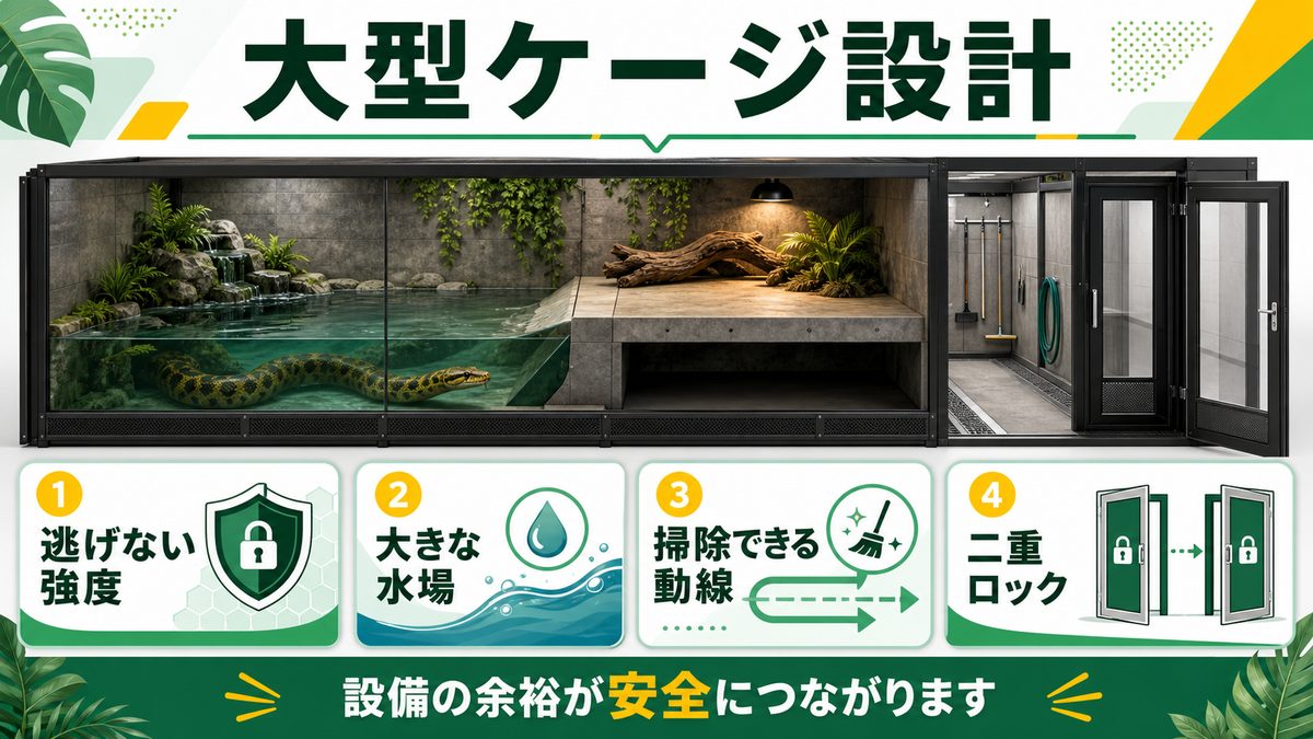 飼育に必要な大型ケージの設計の要点をまとめたカメレオン・爬虫類飼育インフォグラフィック