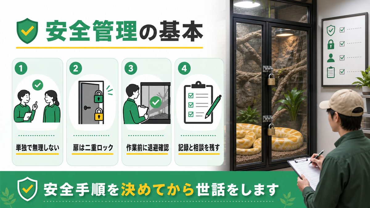 安全管理:脱走・咬傷・人的事故を防ぐの要点をまとめたカメレオン・爬虫類飼育インフォグラフィック