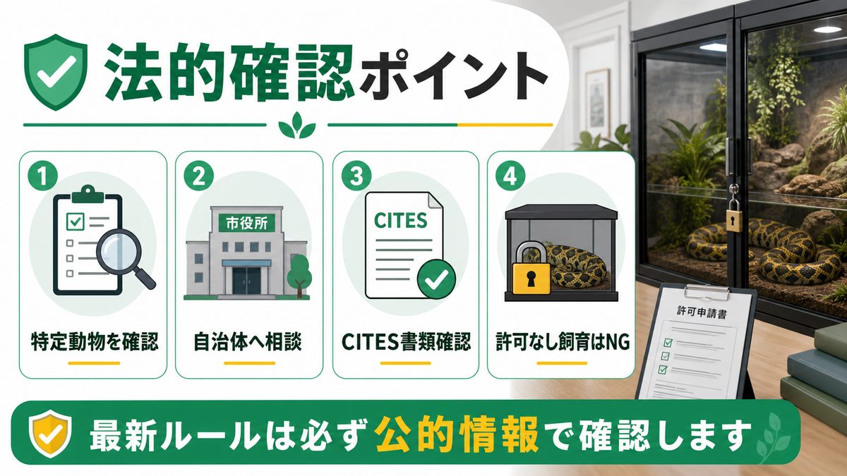 法的注意点:特定動物・CITES・自治体許可の要点をまとめたカメレオン・爬虫類飼育インフォグラフィック