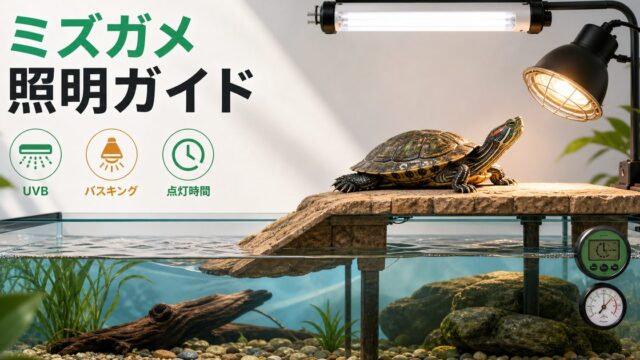 ミズガメのライト・UVB・バスキング完全ガイド！陸場と照明の選び方の要点を伝えるカメレオン・爬虫類記事アイキャッチ画像