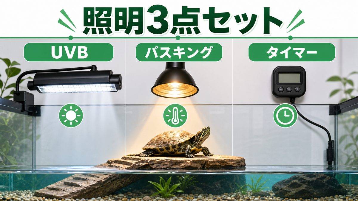 ミズガメの照明3点セット早見表の要点をまとめたカメレオン・爬虫類飼育インフォグラフィック