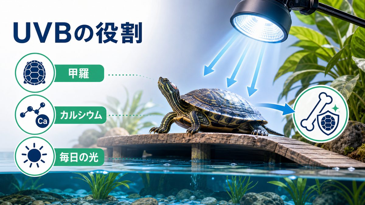 なぜミズガメにUVBライトが必須なのかの要点をまとめたカメレオン・爬虫類飼育インフォグラフィック