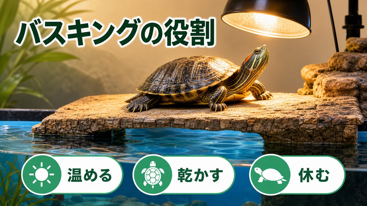 バスキングライト(陸場を温める)の役割の要点をまとめたカメレオン・爬虫類飼育インフォグラフィック