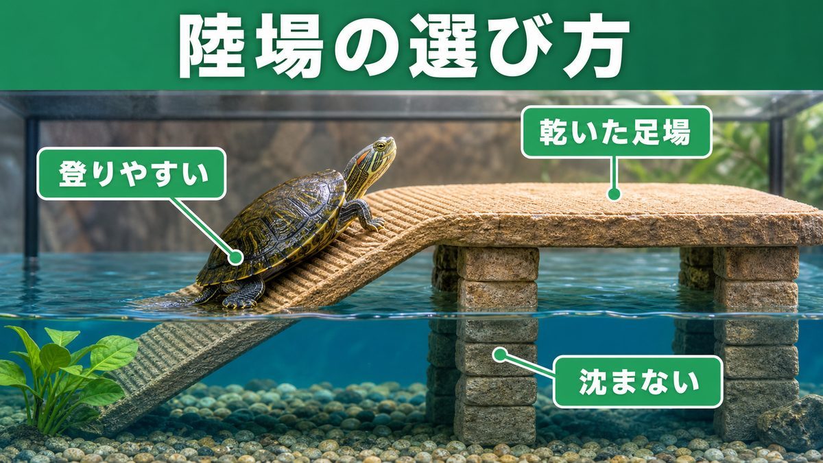 陸場・浮島・タートルドックの作り方と選び方の要点をまとめたカメレオン・爬虫類飼育インフォグラフィック