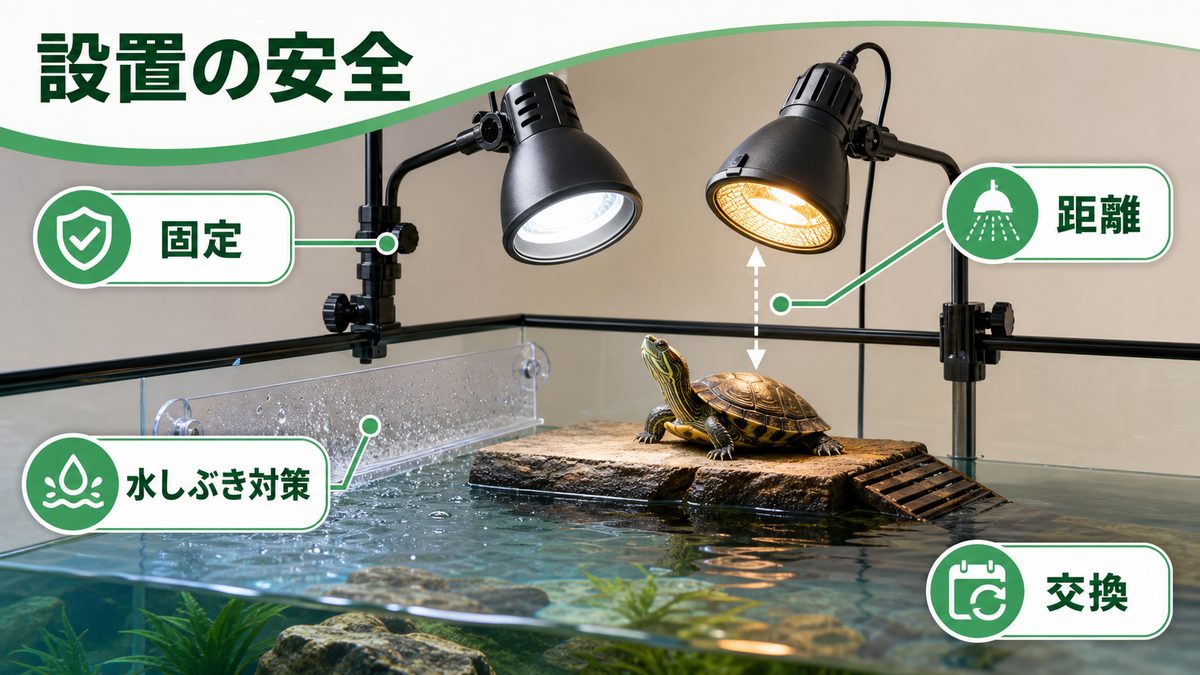 ライトの設置・水しぶき対策・距離・交換時期の要点をまとめたカメレオン・爬虫類飼育インフォグラフィック