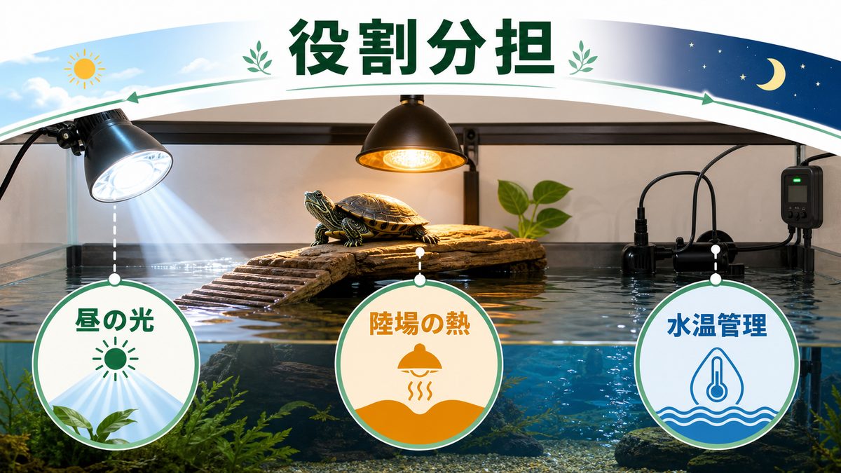 点灯時間とUVB・バスキング・水中ヒーターの役割分担の要点をまとめたカメレオン・爬虫類飼育インフォグラフィック