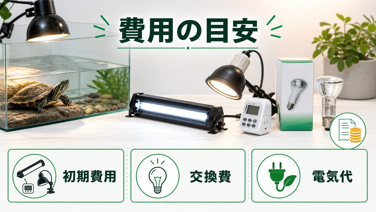 ミズガメ照明にかかる費用・価格の目安の要点をまとめたカメレオン・爬虫類飼育インフォグラフィック