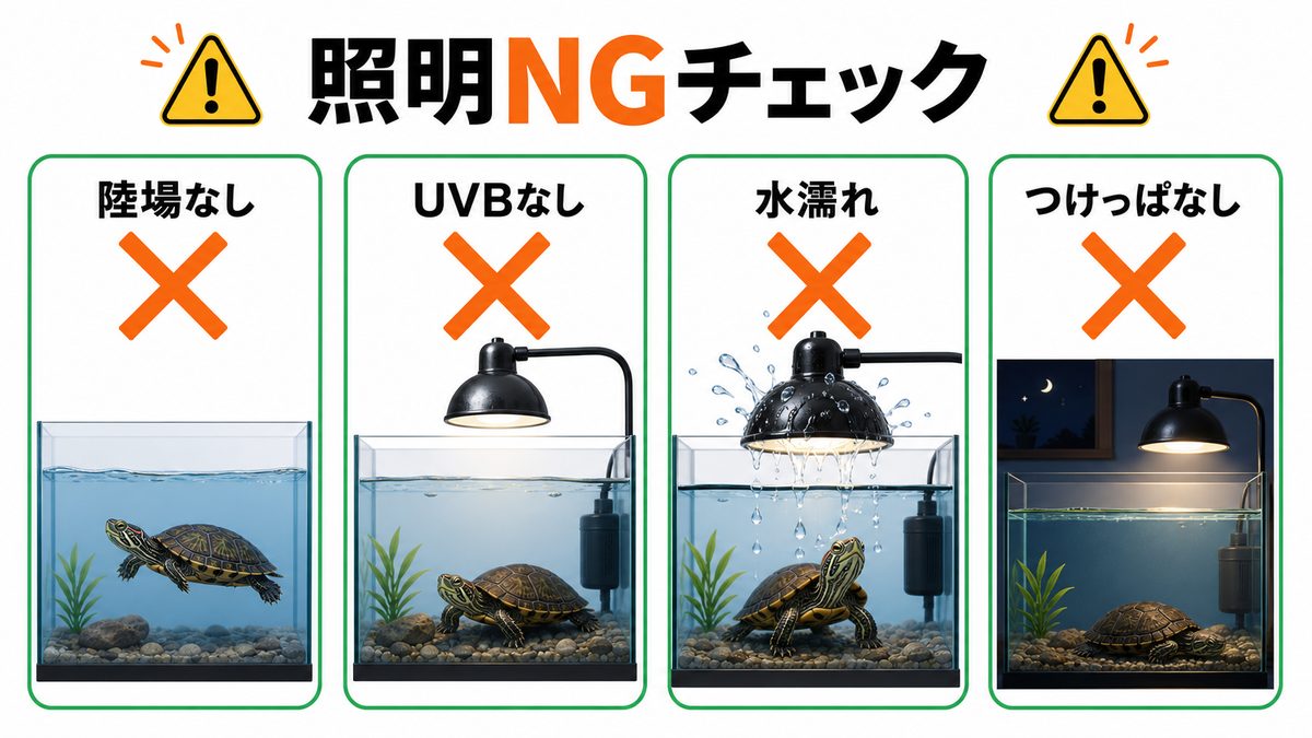 これはNG!ミズガメ照明の失敗チェックリストの要点をまとめたカメレオン・爬虫類飼育インフォグラフィック