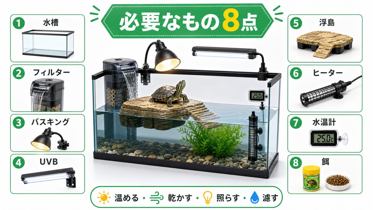ミズガメの飼育に必要なもの一覧と初期費用の目安の要点をまとめたカメレオン・爬虫類飼育インフォグラフィック
