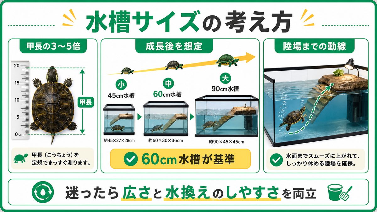 水槽サイズの決め方｜甲長の数倍を成長込みで考えるの要点をまとめたカメレオン・爬虫類飼育インフォグラフィック