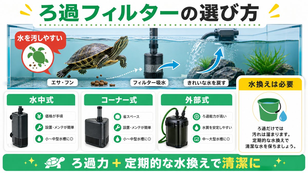 ろ過フィルターの選び方｜カメは魚より水を汚すの要点をまとめたカメレオン・爬虫類飼育インフォグラフィック