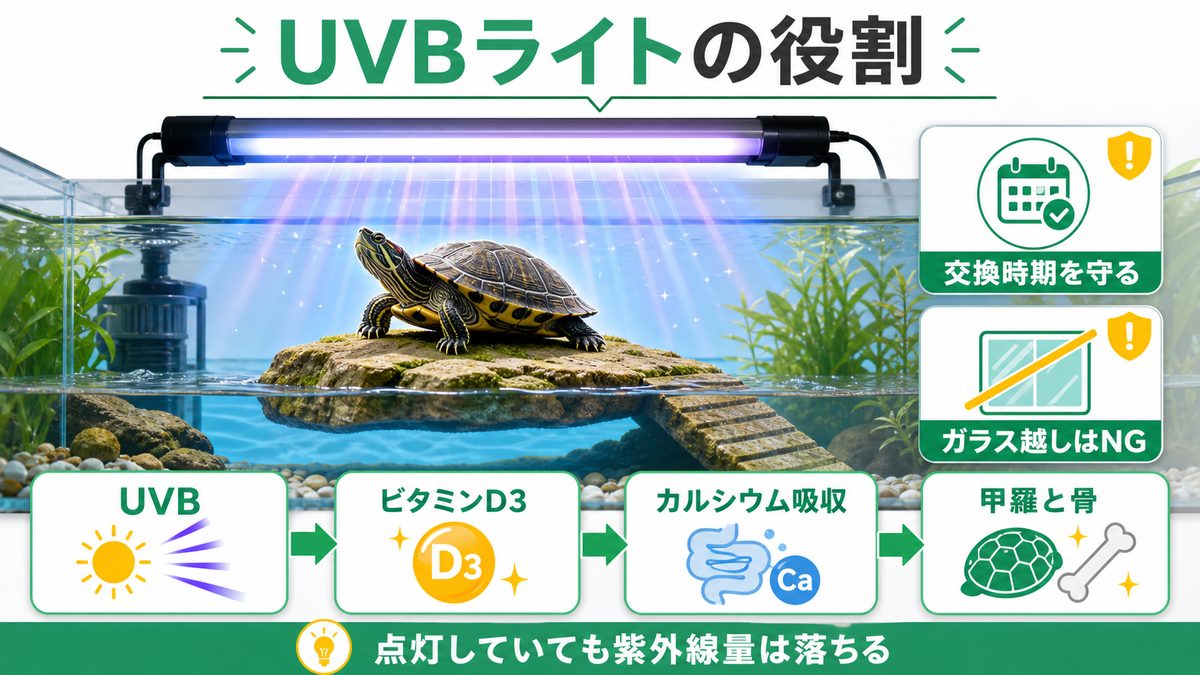 UVBライトの役割｜紫外線で甲羅と骨を守るの要点をまとめたカメレオン・爬虫類飼育インフォグラフィック