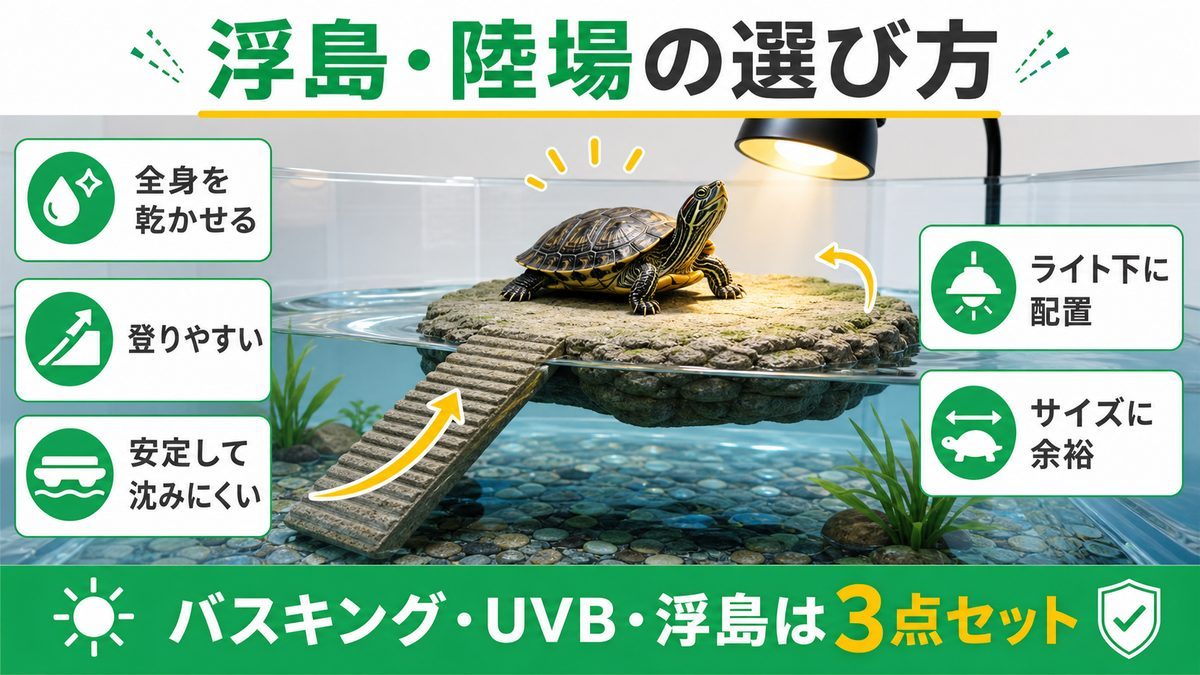 浮島（陸場）の選び方｜全身を乾かせる広さをの要点をまとめたカメレオン・爬虫類飼育インフォグラフィック