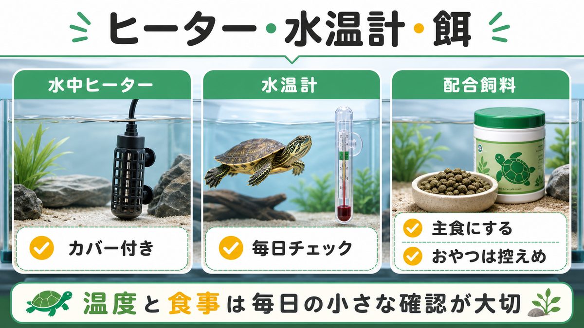 ヒーター・水温計・餌の選び方の要点をまとめたカメレオン・爬虫類飼育インフォグラフィック