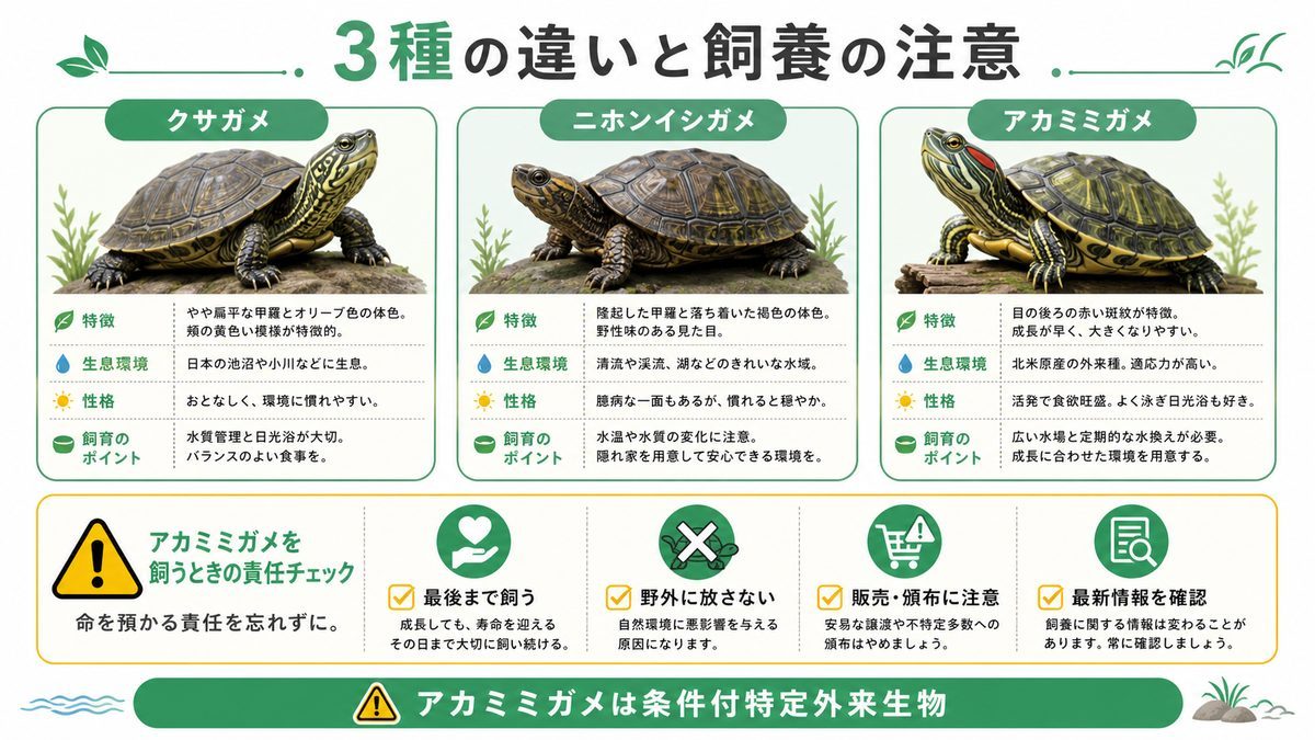 クサガメ・イシガメ・アカミミの違いと飼養の注意の要点をまとめたカメレオン・爬虫類飼育インフォグラフィック