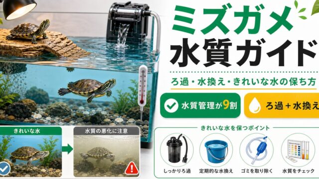ミズガメの水質・水換え完全ガイド！ろ過・水換え頻度・きれいな水を保つコツの要点を伝えるカメレオン・爬虫類記事アイキャッチ画像