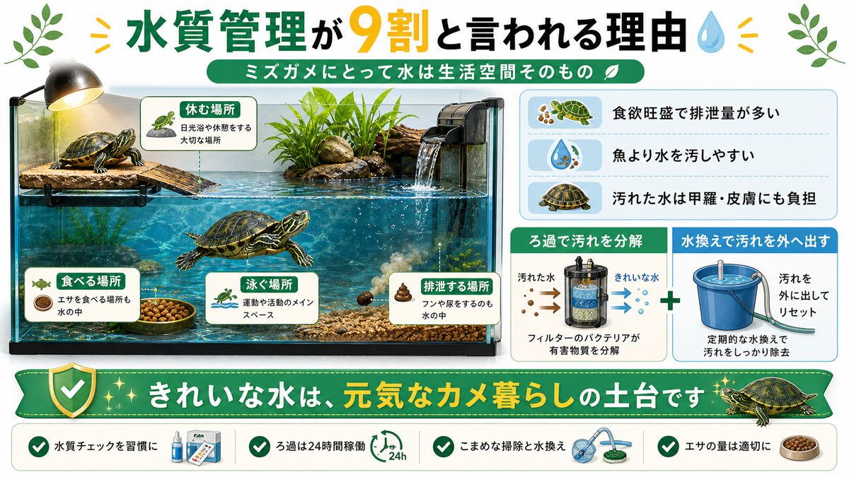 ミズガメ飼育は「水質管理が9割」と言われる理由の要点をまとめたカメレオン・爬虫類飼育インフォグラフィック