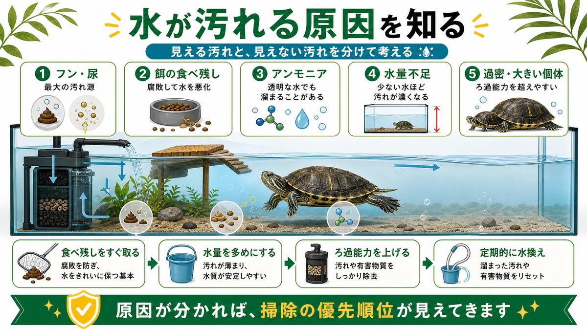 水が汚れる原因を知る——敵を知れば対策が見えるの要点をまとめたカメレオン・爬虫類飼育インフォグラフィック