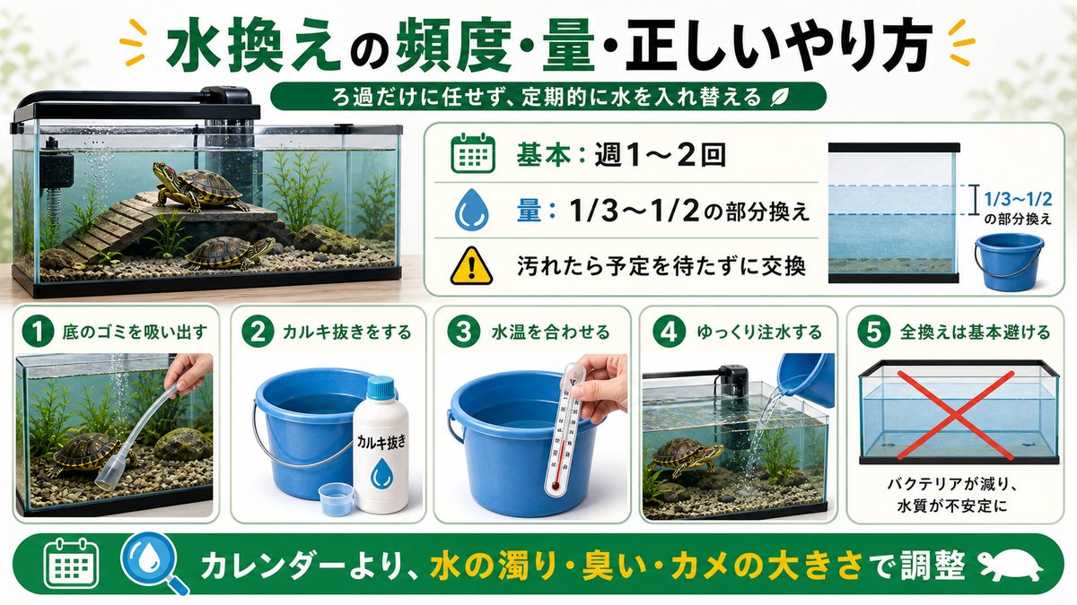 水換えの頻度・量・正しいやり方の要点をまとめたカメレオン・爬虫類飼育インフォグラフィック
