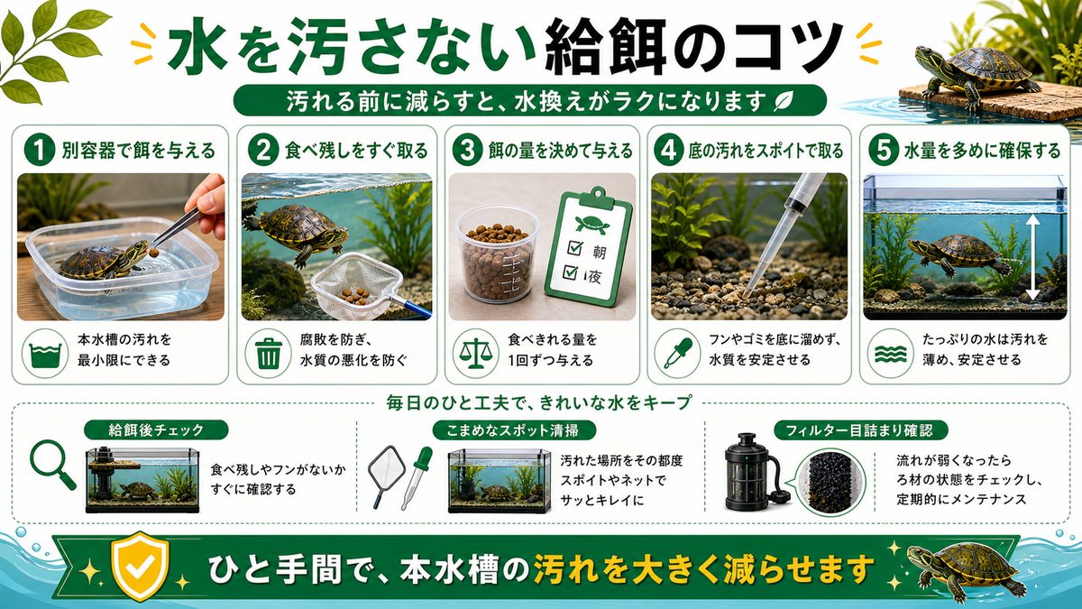 水を汚さない給餌・日常のひと工夫の要点をまとめたカメレオン・爬虫類飼育インフォグラフィック