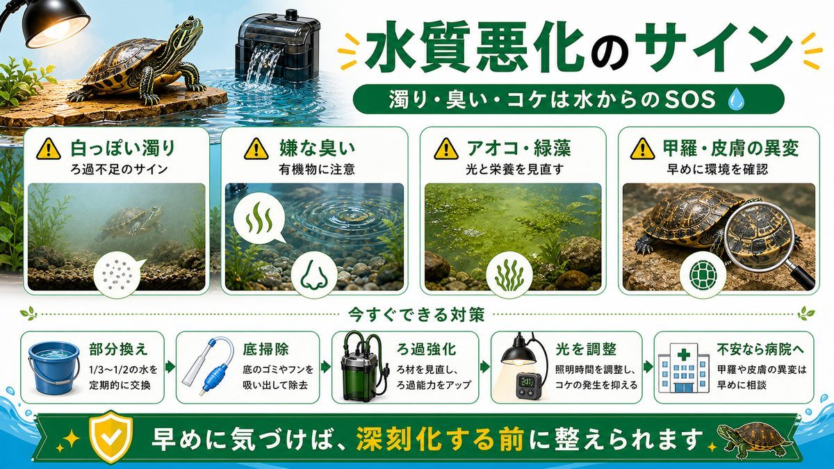 水質悪化のサインと甲羅の健康の要点をまとめたカメレオン・爬虫類飼育インフォグラフィック