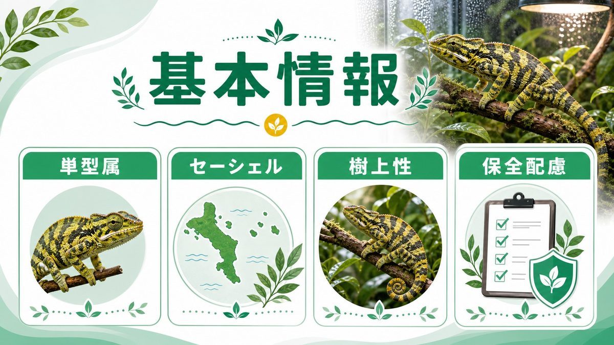 アーケイウス属の基本情報——世界で1種だけの単型属の要点をまとめたカメレオン・爬虫類飼育インフォグラフィック