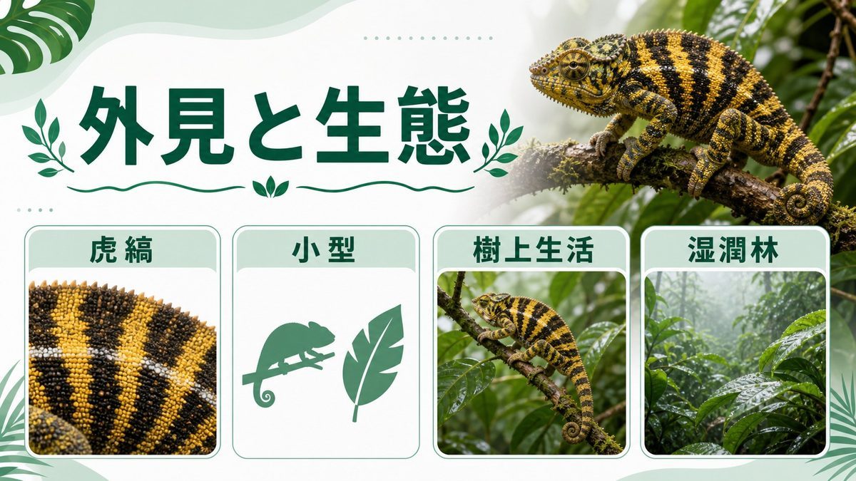 外見的特徴と生態——虎縞が語るセーシェルの神秘の要点をまとめたカメレオン・爬虫類飼育インフォグラフィック
