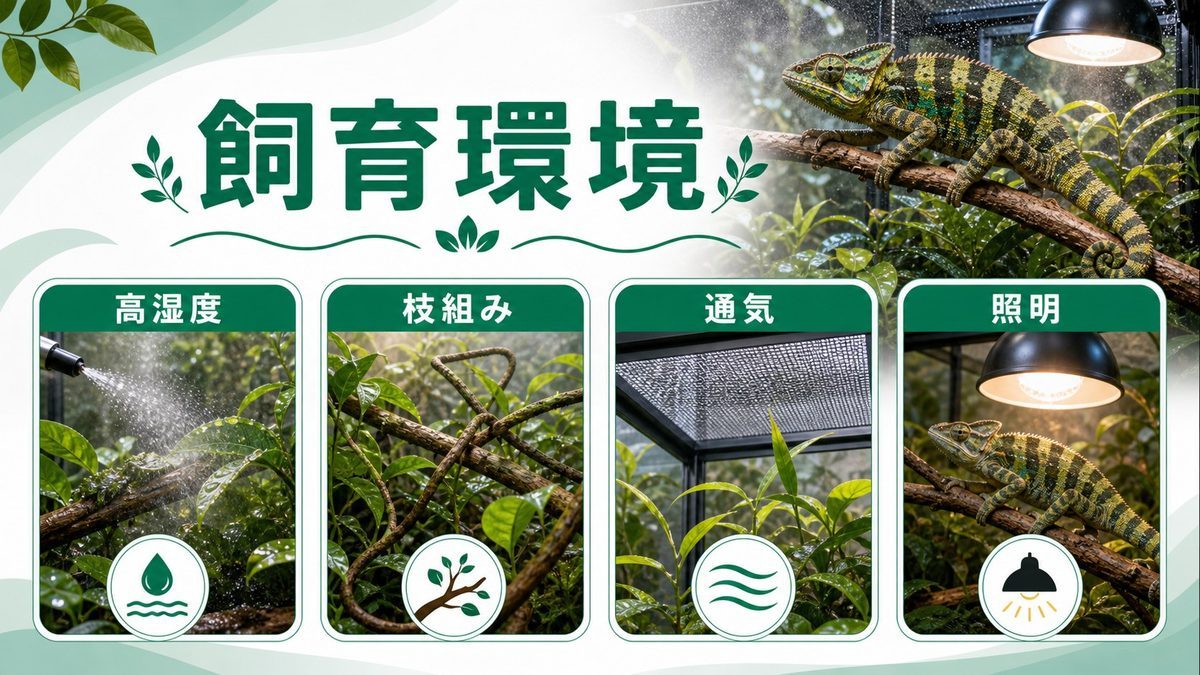 飼育環境設定——セーシェルの熱帯雨林を室内に再現するの要点をまとめたカメレオン・爬虫類飼育インフォグラフィック