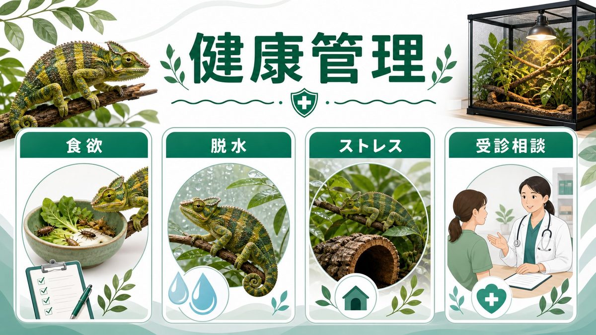 健康管理——希少種ゆえのリスクを知り、命を守るの要点をまとめたカメレオン・爬虫類飼育インフォグラフィック