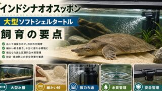 インドシナオオスッポン（Amyda cartilaginea）飼育完全ガイド｜東南アジア最普及の大型ソフトシェルタートルの特徴・水槽・餌を徹底解説の要点を伝えるカメレオン・爬虫類記事アイキャッチ画像