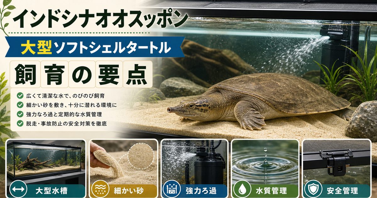 インドシナオオスッポン（Amyda cartilaginea）飼育完全ガイド｜東南アジア最普及の大型ソフトシェルタートルの特徴・水槽・餌を徹底解説の要点を伝えるカメレオン・爬虫類記事アイキャッチ画像