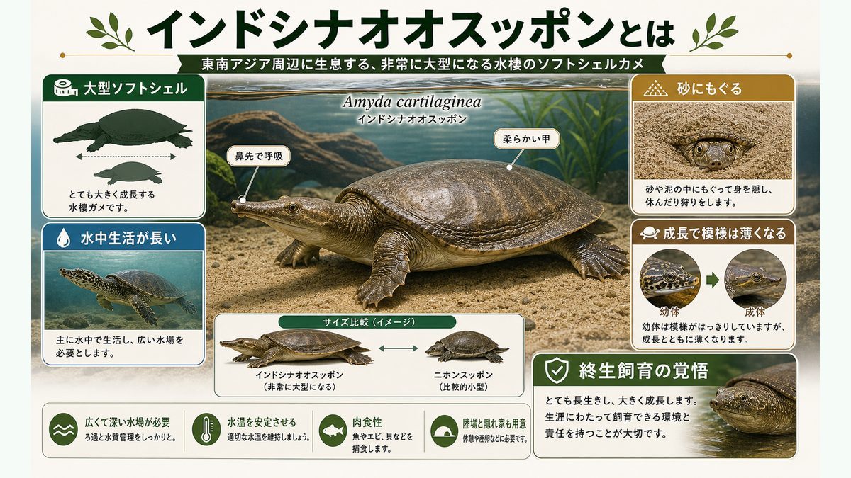 インドシナオオスッポンとは（基本情報・大型化）の要点をまとめたカメレオン・爬虫類飼育インフォグラフィック