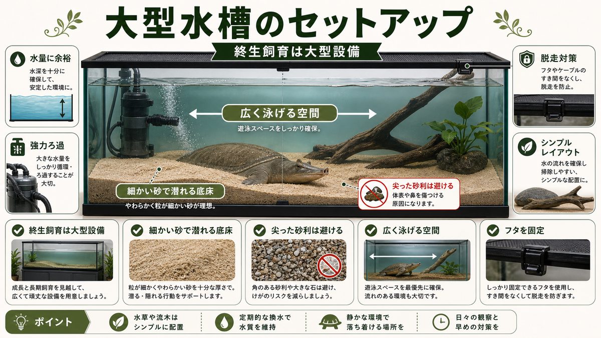 大型水槽のセットアップの要点をまとめたカメレオン・爬虫類飼育インフォグラフィック