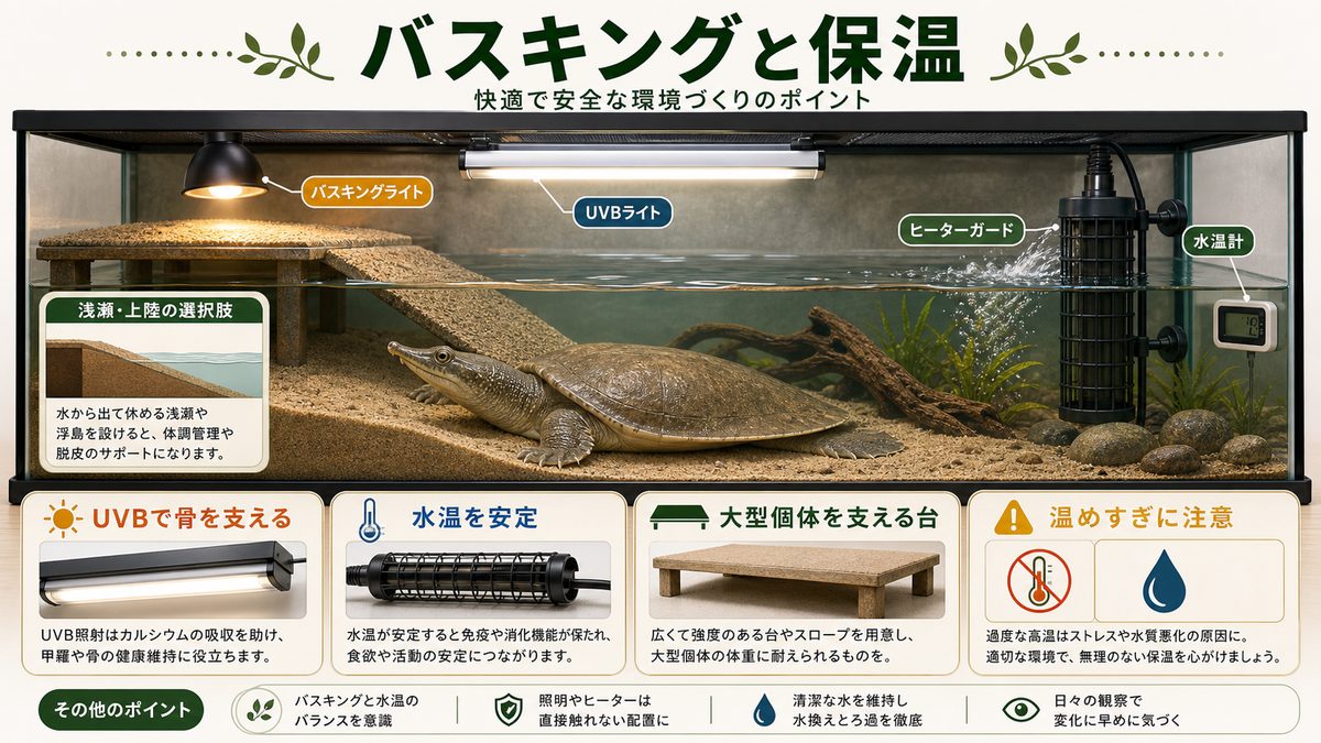 バスキングと保温の要点をまとめたカメレオン・爬虫類飼育インフォグラフィック
