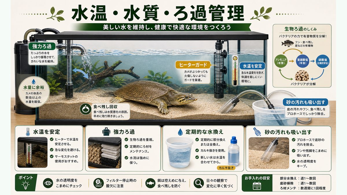 水温・水質・ろ過管理の要点をまとめたカメレオン・爬虫類飼育インフォグラフィック