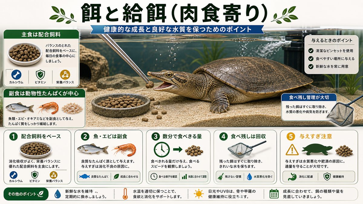 餌と給餌（肉食寄り）の要点をまとめたカメレオン・爬虫類飼育インフォグラフィック