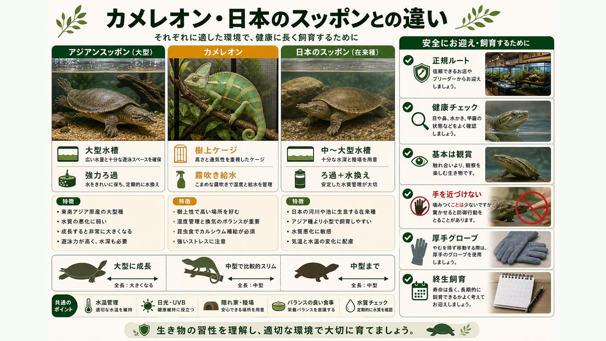 カメレオン・日本のスッポンとの違い・お迎えと安全管理の要点をまとめたカメレオン・爬虫類飼育インフォグラフィック