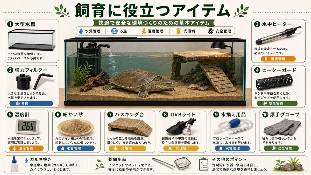 飼育に役立つおすすめアイテムの要点をまとめたカメレオン・爬虫類飼育インフォグラフィック