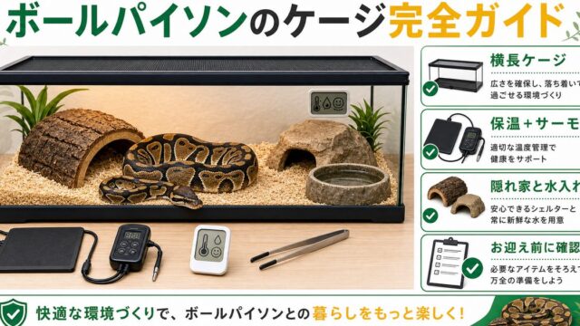 ボールパイソンのケージ完全ガイド｜サイズ・保温・飼育用品の選び方の要点を伝えるカメレオン・爬虫類記事アイキャッチ画像