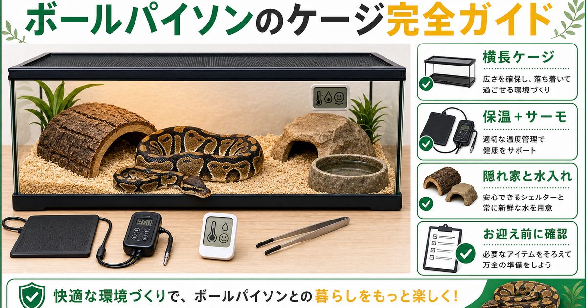 ボールパイソンのケージ完全ガイド｜サイズ・保温・飼育用品の選び方の要点を伝えるカメレオン・爬虫類記事アイキャッチ画像