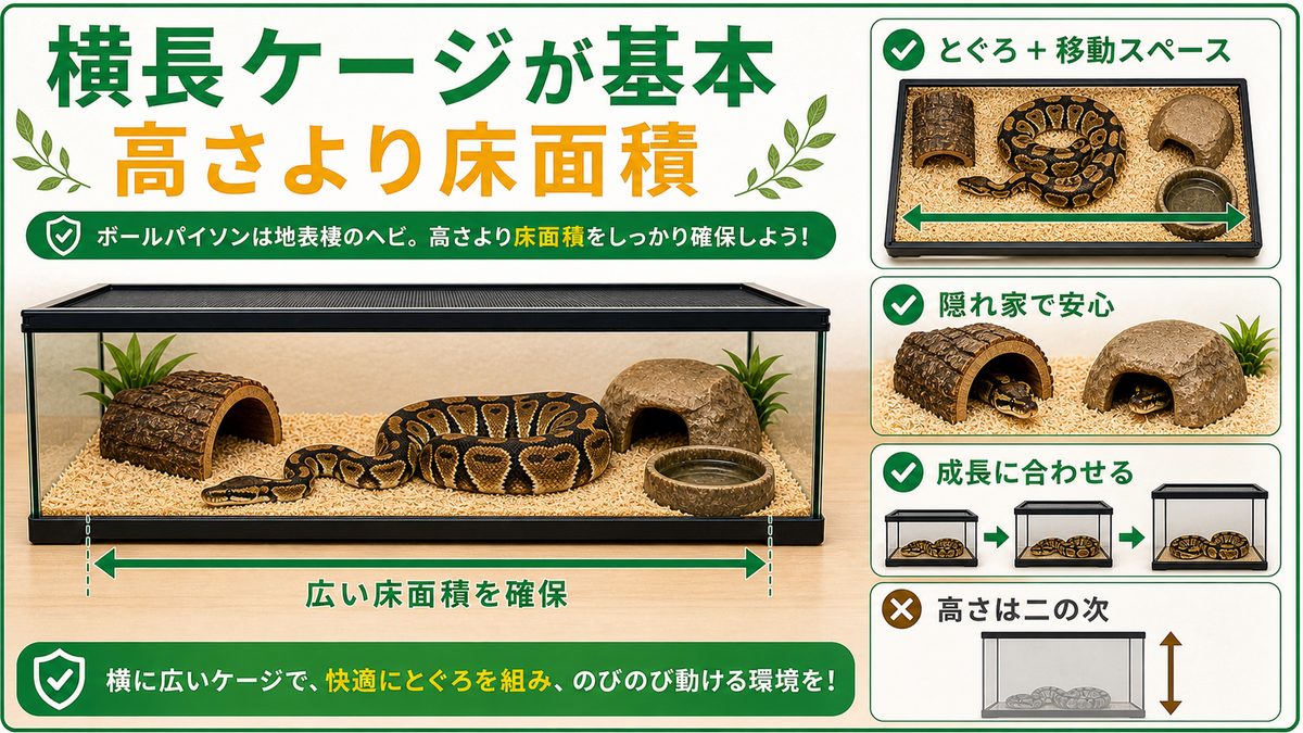ボールパイソンのケージサイズの考え方｜横長と床面積が最優先の要点をまとめたカメレオン・爬虫類飼育インフォグラフィック