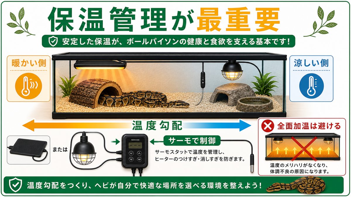 保温器具とサーモスタット｜飼育成功の最重要パートの要点をまとめたカメレオン・爬虫類飼育インフォグラフィック