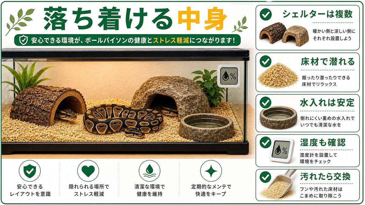 シェルター・床材・水入れ｜環境を整える必須アイテムの要点をまとめたカメレオン・爬虫類飼育インフォグラフィック