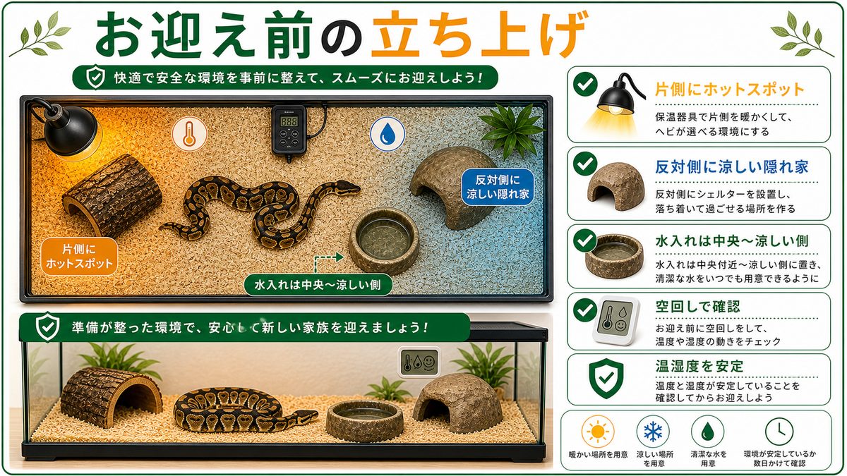 レイアウトと立ち上げのコツ｜お迎え前にやっておくことの要点をまとめたカメレオン・爬虫類飼育インフォグラフィック